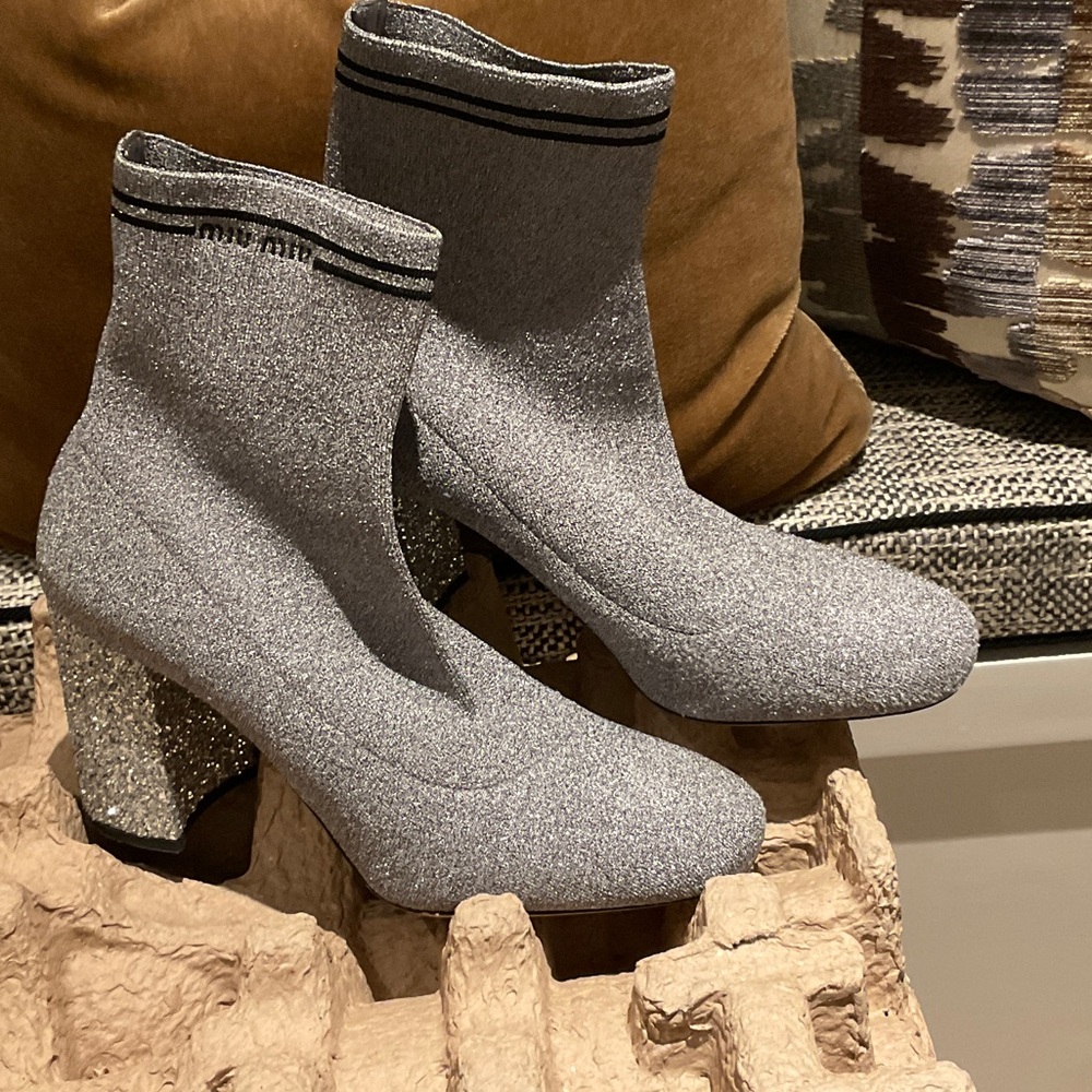 Miu Miu Glittering Silver Heeled Boots